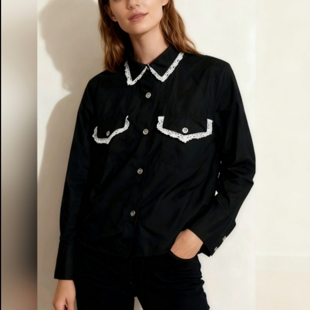 Sim & Sam Black Button-Up Shirt Size L White Lace Trim Collared Blouse